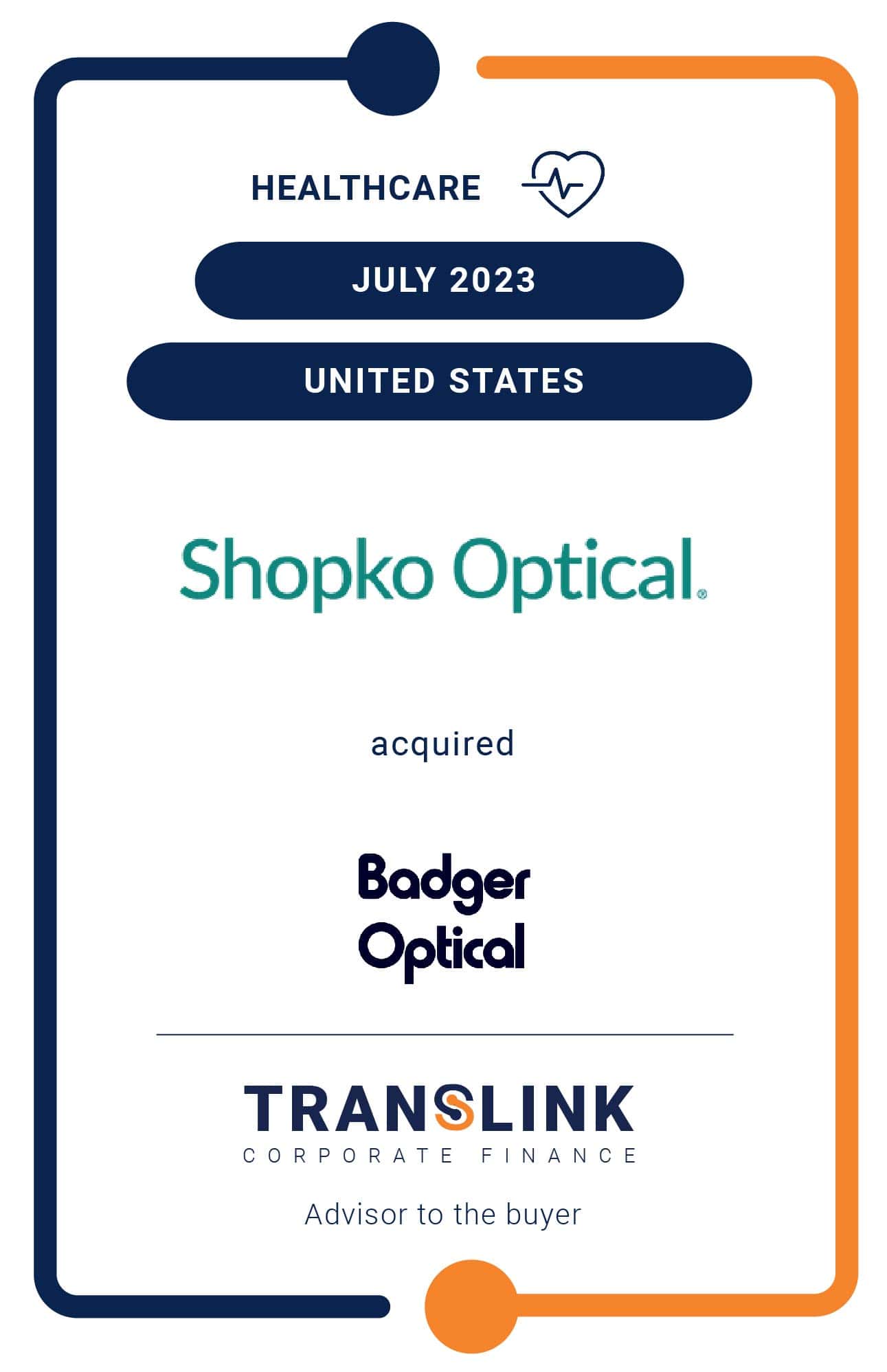 Translink Corporate Finance Acted As The Advisor To Shopko Optical In Its Acquisition Of Badger Optical
