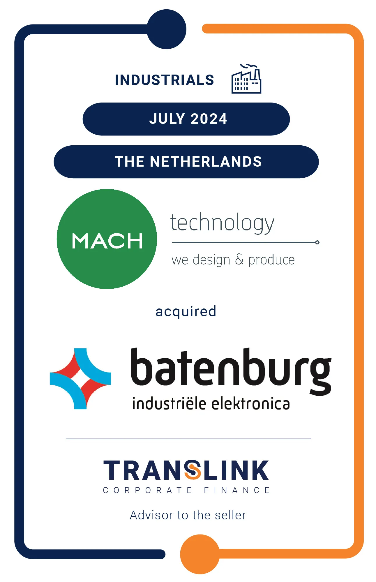 Translink Corporate Finance acted as the advisor to Batenburg Industriële Electronica on the sale to MACH Technology Group